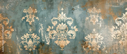 Old blue white rusty vintage worn shabby damask patchwork motif tiles stone concrete cement wall wallpaper texture background banner
