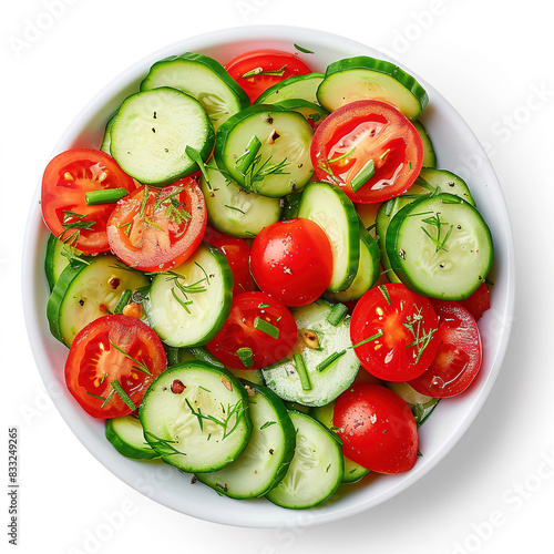 salad with cucumber and tomatoes, top view, isolated on white background