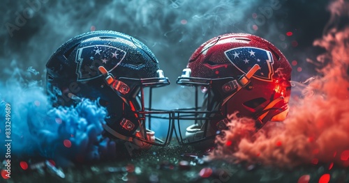 American football helmets standing in front of each other photo