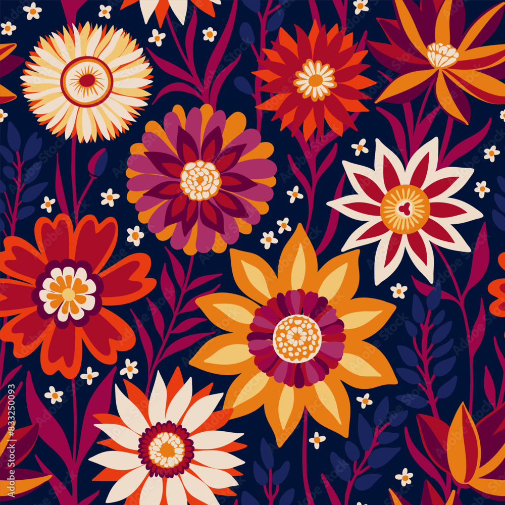 Floral Seamless Random Pattern of Fantasy Flowers in Bohemian style in Magenta, Yellow, White, Red Colors on Dark Blue, Great for Textiles, Surfaces, Wallpapers, Wrapping Papers, Fabrics, Prints. Floral Seamless Random Pattern of Fantasy Flowers in Bohemian style in Magenta, Yellow, White, Red Colors on Dark Blue, Great for Textiles, Surfaces, Wallpapers, Wrapping Papers, Fabrics, Prints.