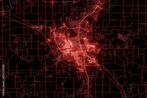 Street map of Eau Claire (Wisconsin, USA) made with red illumination and glow effect. Top view on roads network. 3d render, illustration
