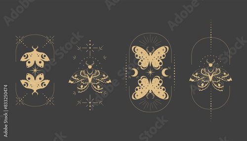 Magic sacred decoration cover, esoteric frame tattoo gold line border celelstial mystery esoteric decoration with moth or butterfly, sun, stars and moon on dark background.