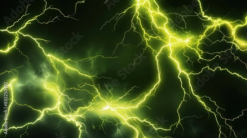 A collection of green and yellow lightning strikes, showcasing dynamic shock and energy, perfect for concepts involving mythological energy and battles.