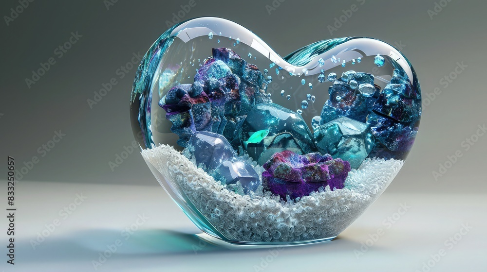 A conceptual image of a heart-shaped aquarium with crystal-clear walls, white gravel at the bottom, and shiny rocks of deep blues and purples, hosting a small turquoise fish. A conceptual image of a heart-shaped aquarium with crystal-clear walls, white gravel at the bottom, and shiny rocks of deep blues and purples, hosting a small turquoise fish.
