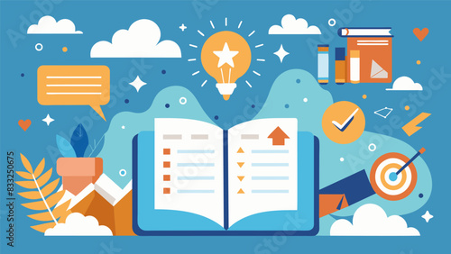 Words of encouragement and phrases of motivation neatly fill the pages of a journal surrounded by images of determination and perseverance all coming. Vector illustration