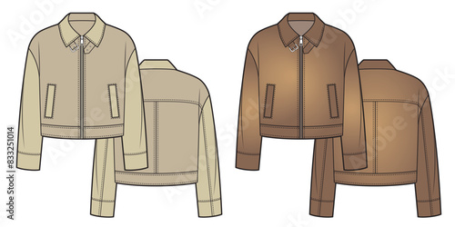 Crop leather jacket, beige and brown colors