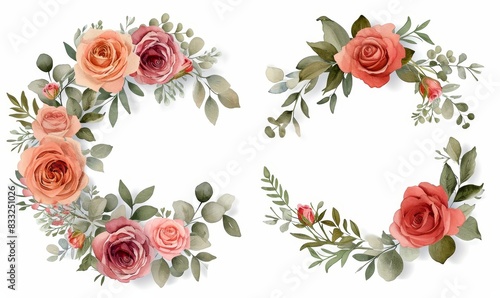 set of roses and flowers floral wreath or picture invitation greeting card mockup with empty blank space template for wedding and romantic anniversary, Generative AI © Sameer