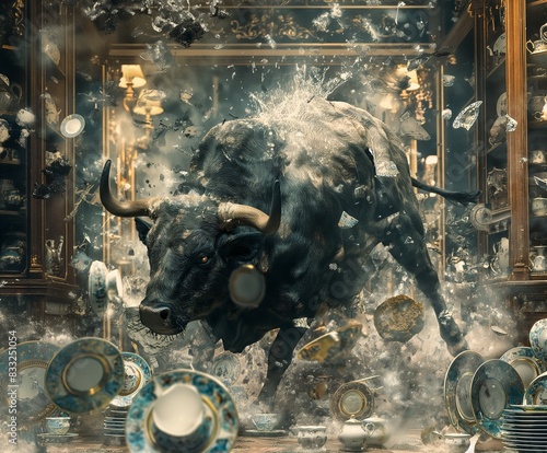Powerful Bull Charging Through Delicate China Shop – Dynamic Scene of Chaos and Destruction