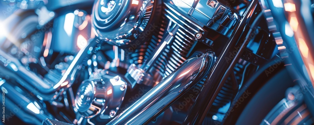 A highly detailed close-up of a chrome motorcycle engine showcasing mechanical complexity. A highly detailed close-up of a chrome motorcycle engine showcasing mechanical complexity.