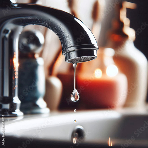 a drop of water dripping from the faucet in the bathroom close-up