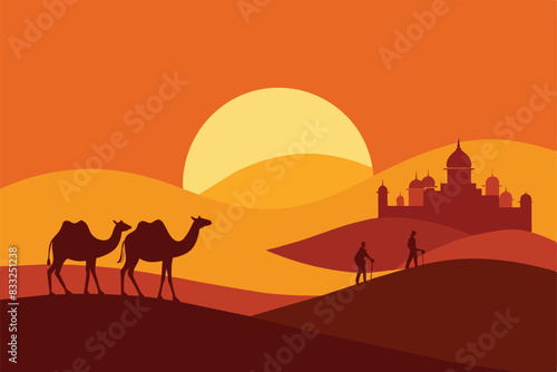 Sunset Arabic Desert Camel Caravan Muslim Islamic Culture vector Illustration