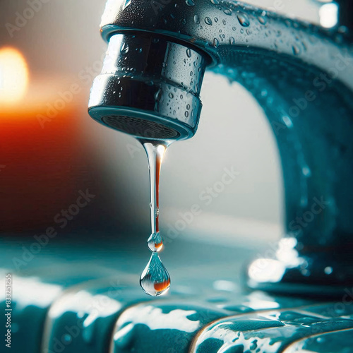 a drop of water dripping from the faucet in the bathroom close-up