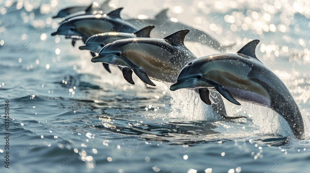 Obraz premium A pod of dolphins jumps out of the water in a beautiful display of grace and agility. AI.