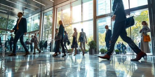 Business people walking in a modern office building. AI.