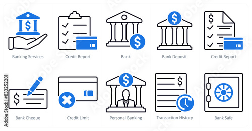 A set of 10 banking icons as banking services, credit report, bank