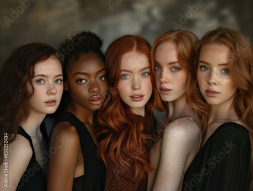 Portrait of five beautiful women with different skin tones and hair colors. AI.