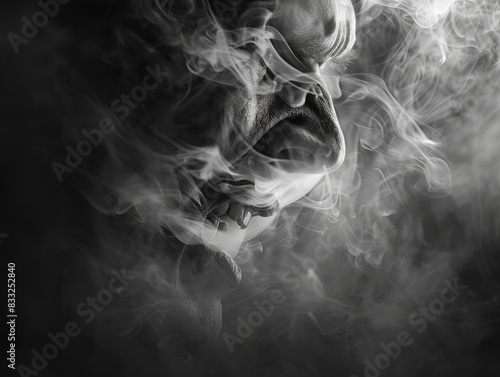Smoke envelops a man's face, obscuring his features and leaving only his eyes visible. AI. © serg3d