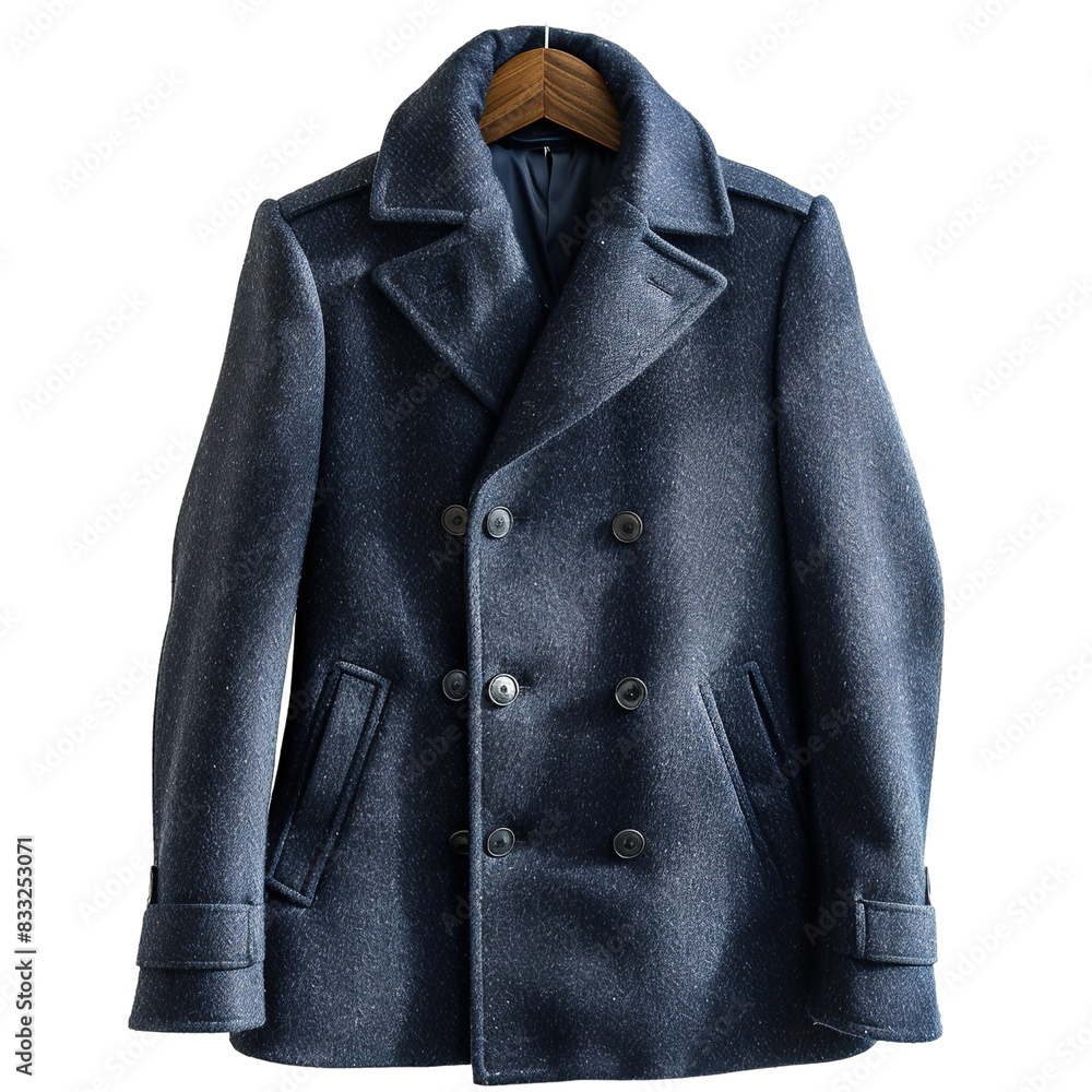 Front view of a navy blue men's overcoat on a wooden hanger isolated on a white transparent background Front view of a navy blue men's overcoat on a wooden hanger isolated on a white transparent background