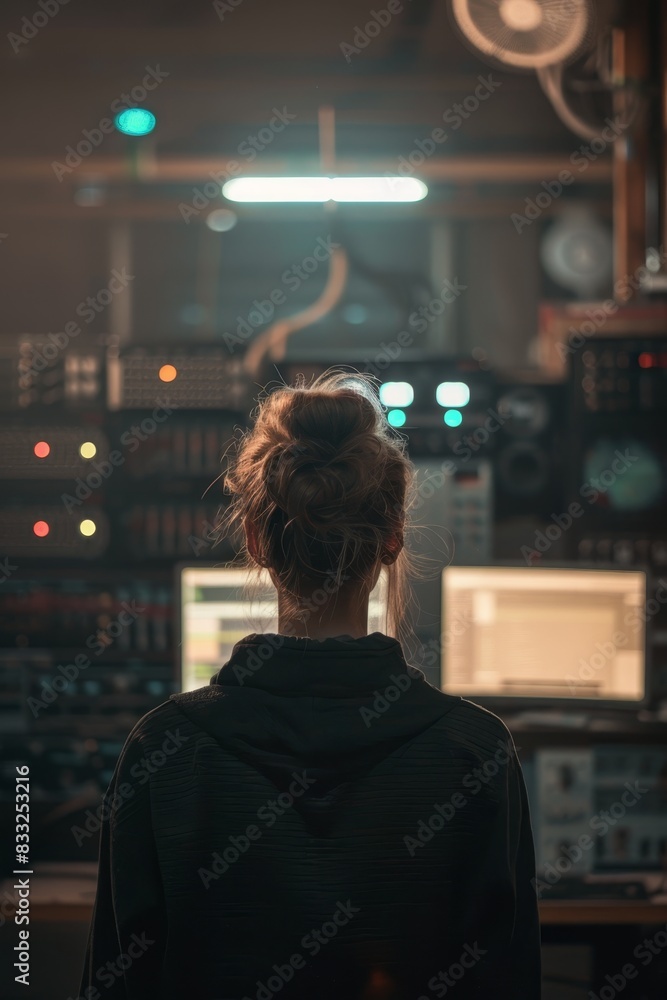Technology Concept : A female programmer in dark room Technology Concept : A female programmer in dark room