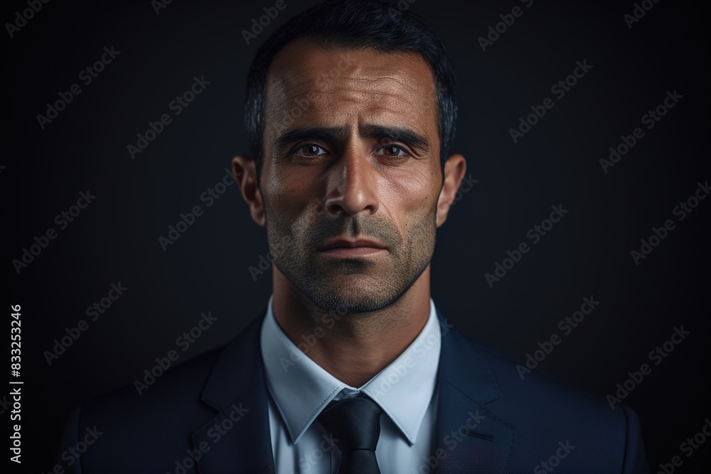 A man in a suit and tie is looking down at the camera A man in a suit and tie is looking down at the camera