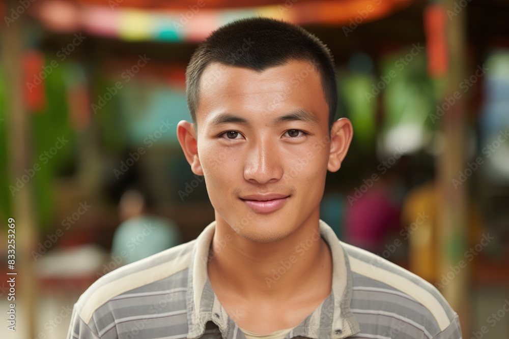Fototapeta premium A man with a shaved head and a mustache is smiling