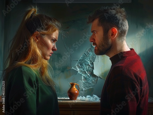 A man and a woman are arguing in a dimly lit room. AI. photo