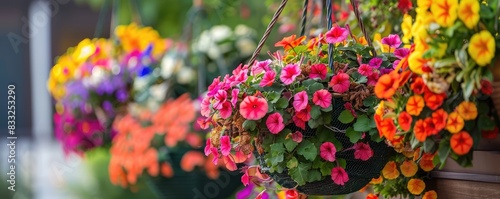 Vibrant hanging flowers baskets in bloom.