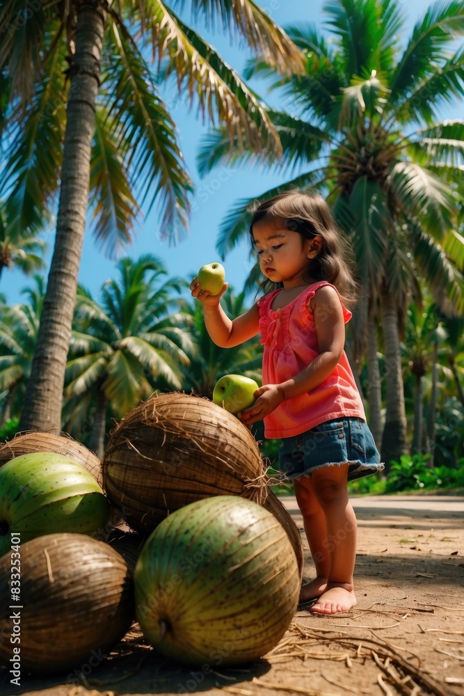 Fototapeta premium Little girl picking up a coconut from a pile of coconuts. AI.