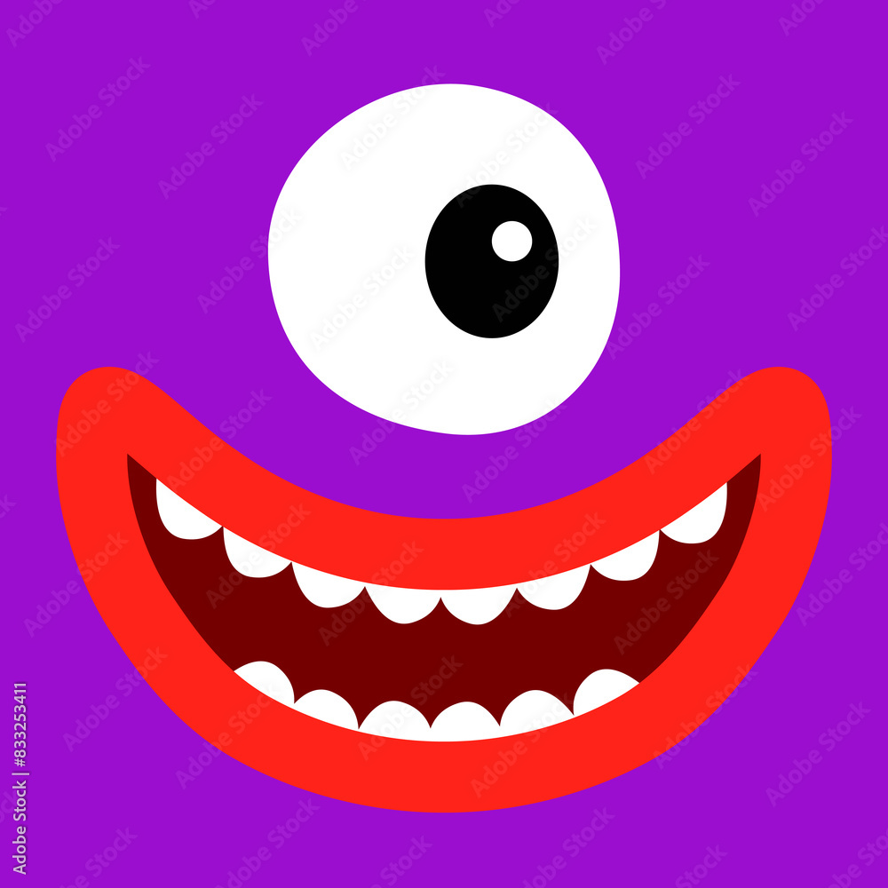 Cute violet monster face head banner. Happy Halloween. Square monsters. Spooky Smiling Boo smiling face emotion. One eye, teeth fang, mouse, lips. Flat design. Baby kids background. Vector Cute violet monster face head banner. Happy Halloween. Square monsters. Spooky Smiling Boo smiling face emotion. One eye, teeth fang, mouse, lips. Flat design. Baby kids background. Vector
