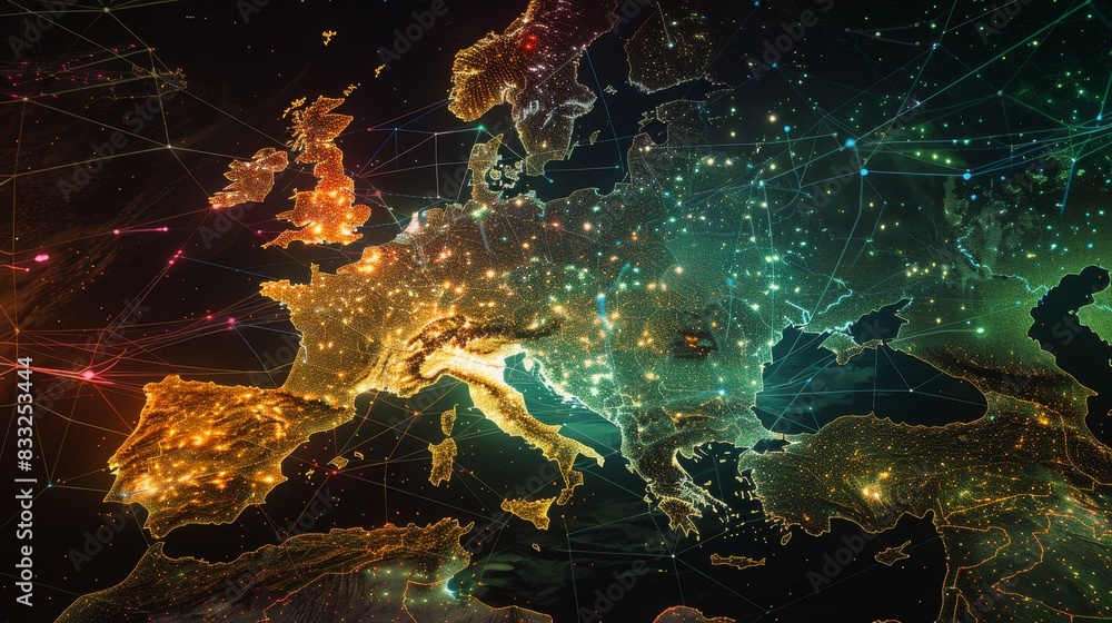 Technology Concept : A dynamic digital map showcases a high-tech representation of Europe's connectivity