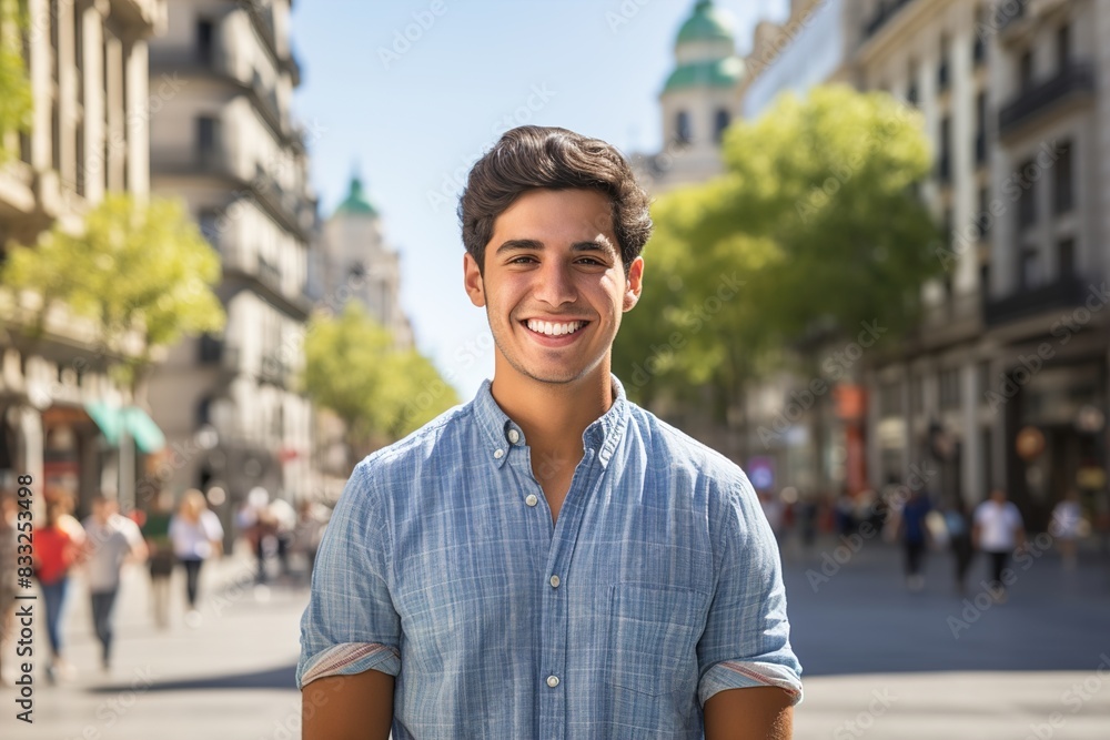 Obraz premium A man is smiling in front of a building
