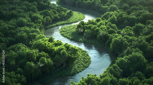 An aerial view of a winding river through a dense forest, with the sunlight creating dappled patterns on the water