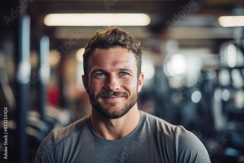 A man with a beard and a smile is standing in a gym