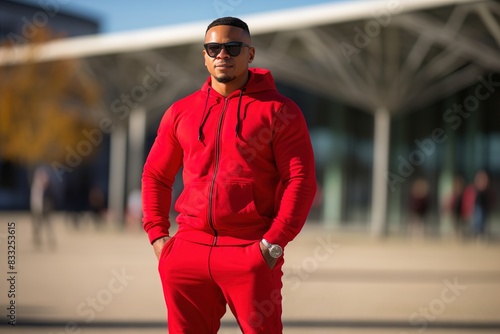A man in a red hoodie and sweatpants stands in front of a building © Juan Hernandez