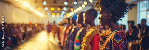 Models showcase African-inspired clothing on a runway. AI. photo