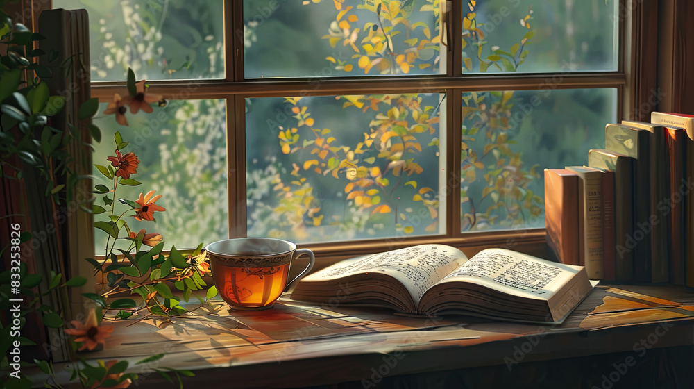 Fototapeta premium A cup of aromatic tea and a book on the window in the autumn season