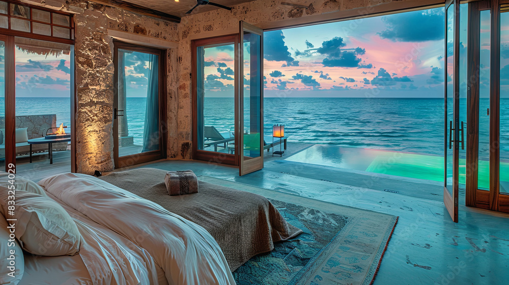 Fototapeta premium Luxurious and bright bedroom overlooking the blue sea