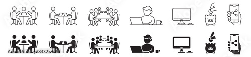 Co-working space icons set. Included icons as coworking, coworker, workers, meeting, workplace, workspace, share, sharing, cost savings, team work and home office. Editable stroke liner icon collectio