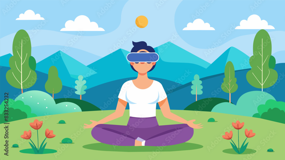 A meditation and stretching VR game set in a peaceful meadow specifically created for those with chronic neck and shoulder pain.. Vector illustration A meditation and stretching VR game set in a peaceful meadow specifically created for those with chronic neck and shoulder pain.. Vector illustration