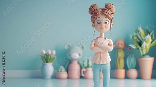 3D illustration of a young girl with a bun hairstyle standing, surrounded by toys and plants in a pastel-colored room. 3D Illustration. © Tackey