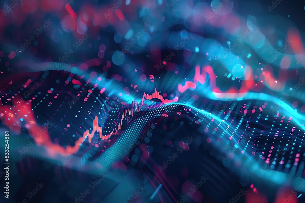A close up of a digital hologram of a stock market chart with rising and falling trends Minimalist, Digital art, blue and red, high clarity A close up of a digital hologram of a stock market chart with rising and falling trends Minimalist, Digital art, blue and red, high clarity