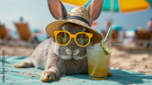 A rabbit in human clothes lies on a sunbathe on the beach,