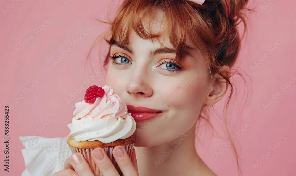 Beautiful woman holding sweet cupcake with whipped cream on pink background, Generative AI Beautiful woman holding sweet cupcake with whipped cream on pink background, Generative AI