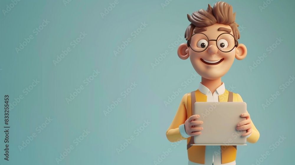 3D cartoon character of a happy young man with glasses and a tablet in hand, expressing excitement and curiosity, isolated on a blue background. 3D Illustration. 3D cartoon character of a happy young man with glasses and a tablet in hand, expressing excitement and curiosity, isolated on a blue background. 3D Illustration.