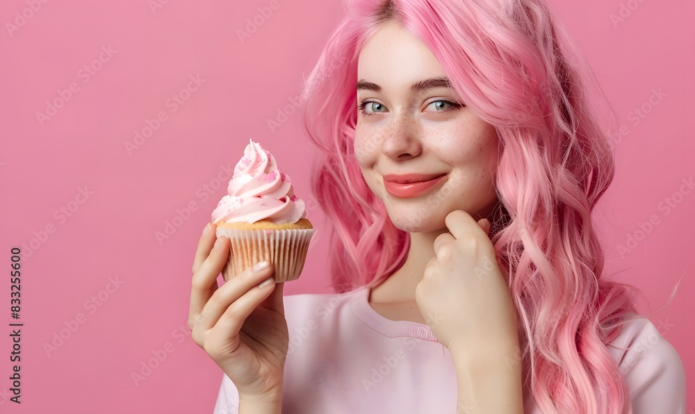 Beautiful woman holding sweet cupcake with whipped cream on pink background, Generative AI Beautiful woman holding sweet cupcake with whipped cream on pink background, Generative AI