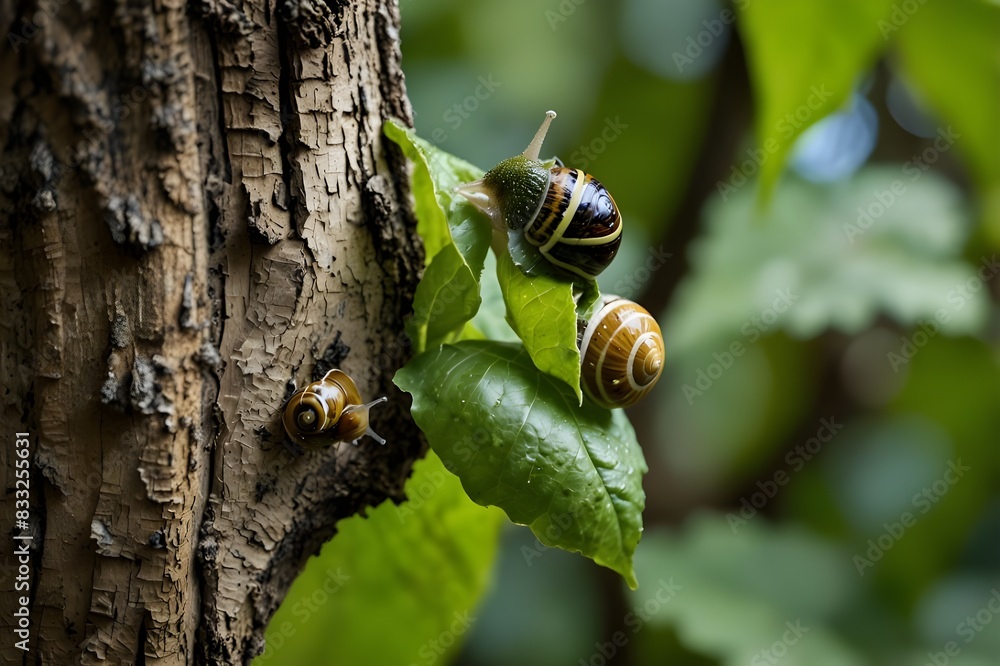 A mother green snail and two baby snails are eating a leaf on a tree. A mother green snail and two baby snails are eating a leaf on a tree.