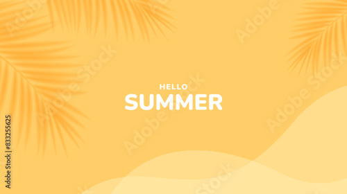 Yellow summer tropical background with tropical palm leaves. Minimal summer creative flat design. Vector illustration