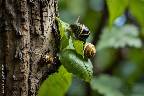 A mother green snail and two baby snails are eating a leaf on a tree. photo