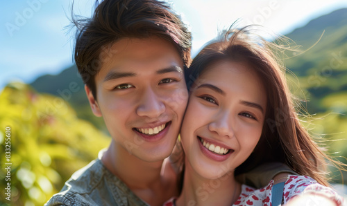 Chinese couple takes a selfie. Selfie against nature background