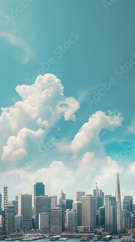 City skyline with high-rise buildings under a vibrant blue sky with scattered white clouds © JD